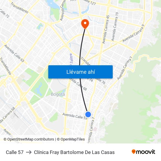 Calle 57 to Clínica Fray Bartolome De Las Casas map