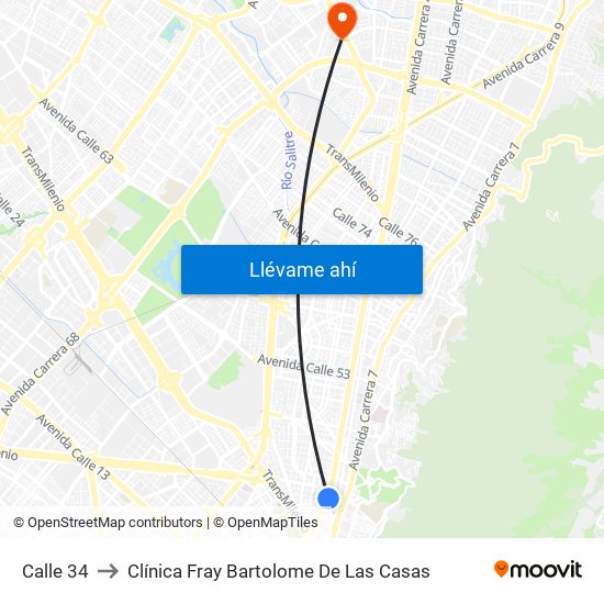 Calle 34 to Clínica Fray Bartolome De Las Casas map