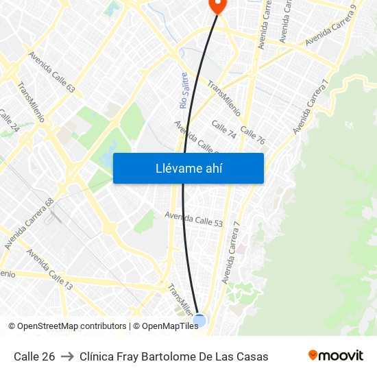 Calle 26 to Clínica Fray Bartolome De Las Casas map