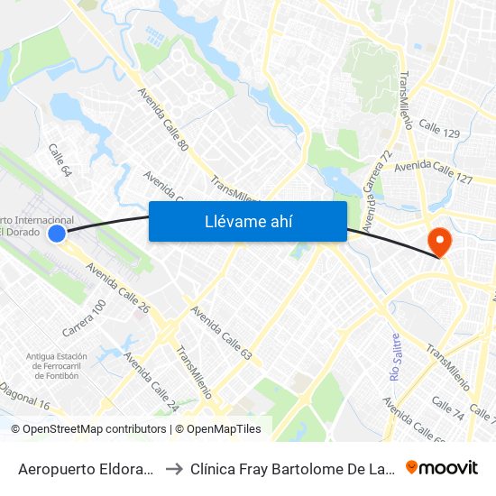 Aeropuerto Eldorado (B) to Clínica Fray Bartolome De Las Casas map