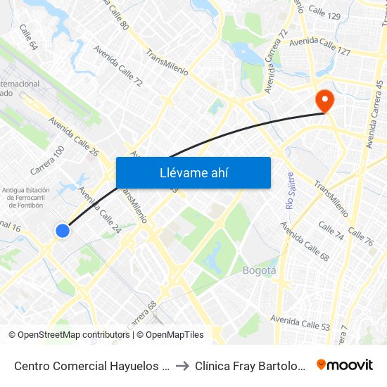 Centro Comercial Hayuelos (Av. C. De Cali - Cl 20) to Clínica Fray Bartolome De Las Casas map