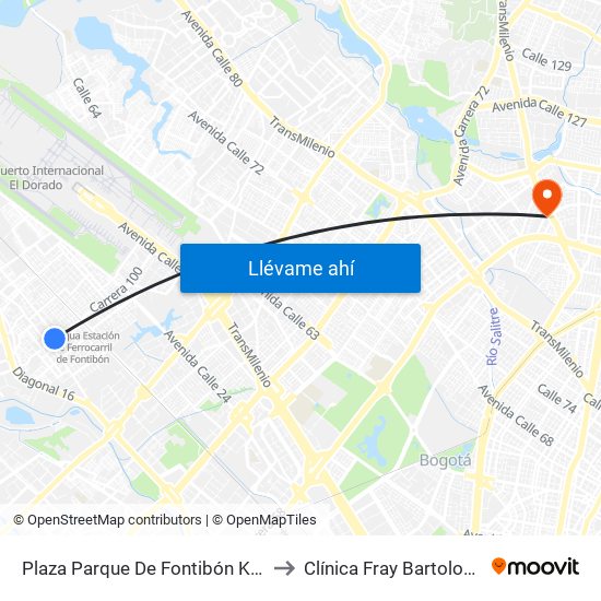 Plaza Parque De Fontibón Kr 100 (Kr 100 - Cl 17a) to Clínica Fray Bartolome De Las Casas map