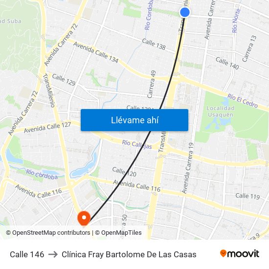 Calle 146 to Clínica Fray Bartolome De Las Casas map