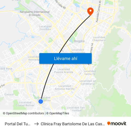 Portal Del Tunal to Clínica Fray Bartolome De Las Casas map