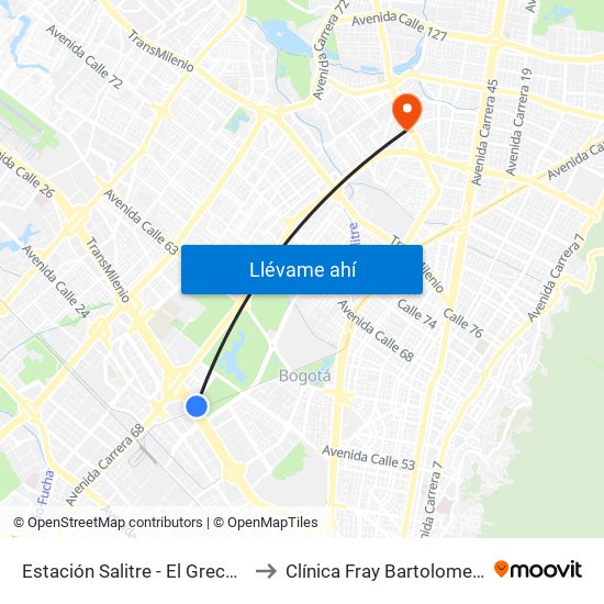 Estación Salitre - El Greco (Ac 26 - Ak 68) to Clínica Fray Bartolome De Las Casas map