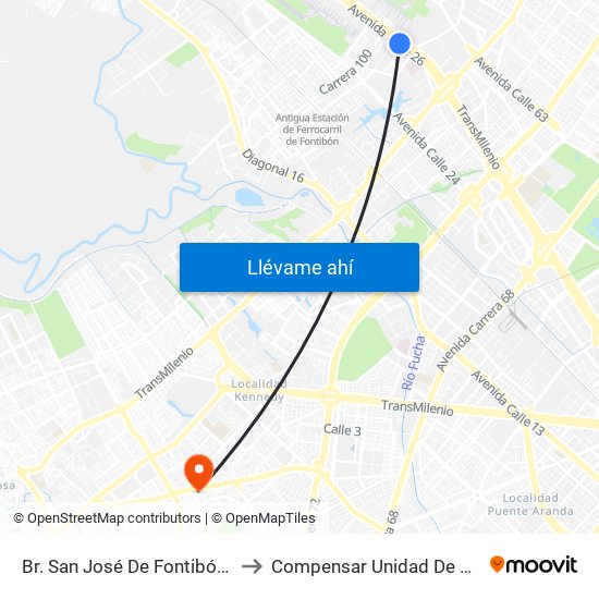 Br. San José De Fontibón (Ac 26 - Kr 96a) to Compensar Unidad De Servicios Kennedy map