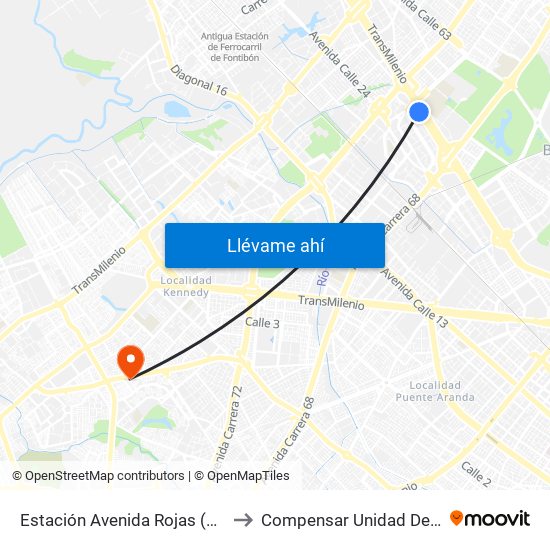 Estación Avenida Rojas (Ac 26 - Kr 69d Bis) (B) to Compensar Unidad De Servicios Kennedy map