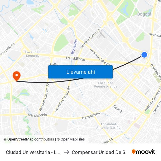 Ciudad Universitaria - Lotería De Bogotá to Compensar Unidad De Servicios Kennedy map