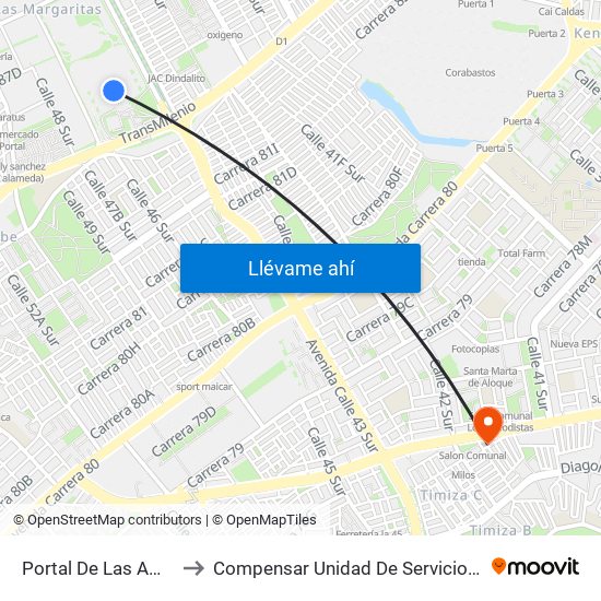 Portal De Las Américas to Compensar Unidad De Servicios Kennedy map