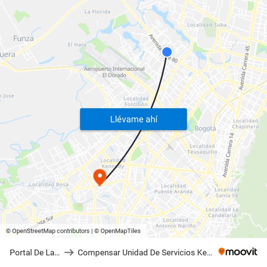 Portal De La 80 to Compensar Unidad De Servicios Kennedy map