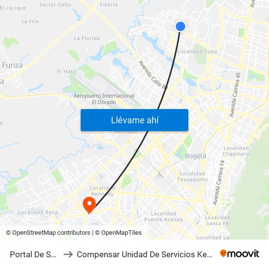 Portal De Suba to Compensar Unidad De Servicios Kennedy map