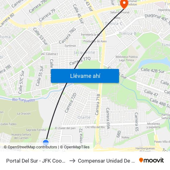 Portal Del Sur - JFK Cooperativa Financiera to Compensar Unidad De Servicios Kennedy map