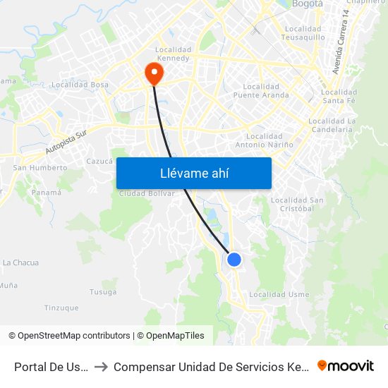 Portal De Usme to Compensar Unidad De Servicios Kennedy map