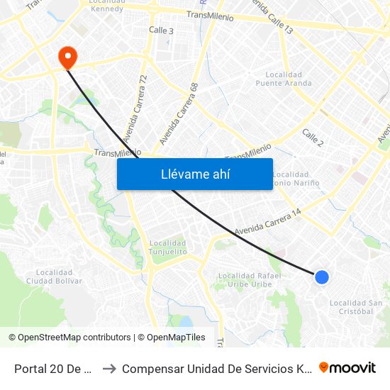 Portal 20 De Julio to Compensar Unidad De Servicios Kennedy map