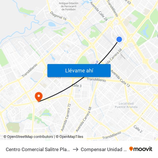 Centro Comercial Salitre Plaza (Av. La Esperanza - Kr 68b) to Compensar Unidad De Servicios Kennedy map