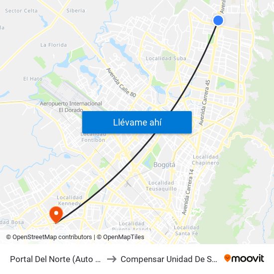 Portal Del Norte (Auto Norte - Cl 174a) to Compensar Unidad De Servicios Kennedy map