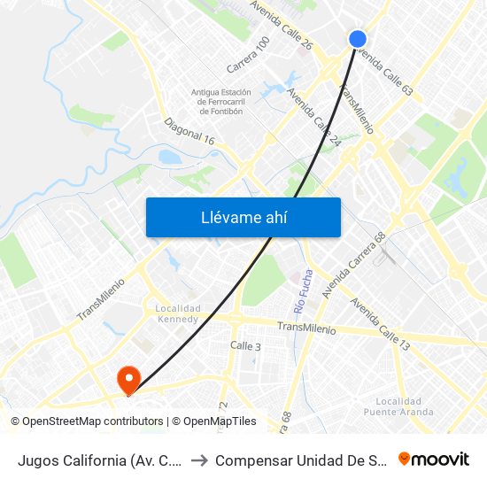 Jugos California (Av. C. De Cali - Ac 63) to Compensar Unidad De Servicios Kennedy map
