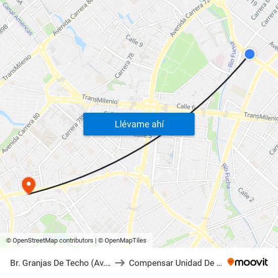 Br. Granjas De Techo (Av. Centenario - Kr 65) to Compensar Unidad De Servicios Kennedy map