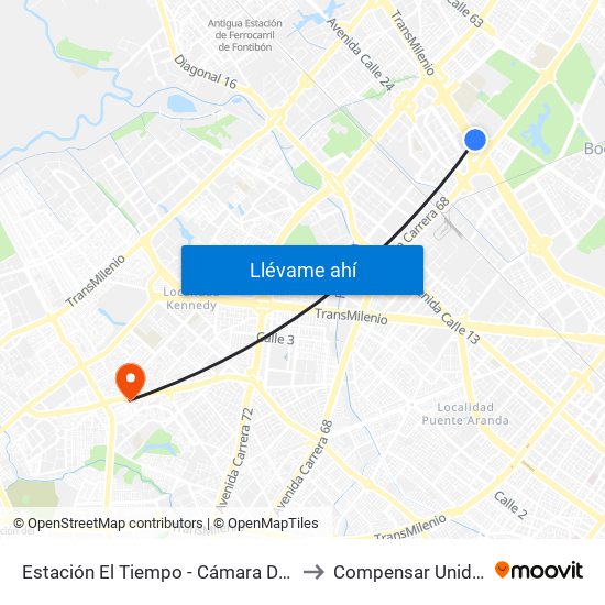 Estación El Tiempo - Cámara De Comercio De Bogotá (Ac 26 - Kr 68b Bis) to Compensar Unidad De Servicios Kennedy map