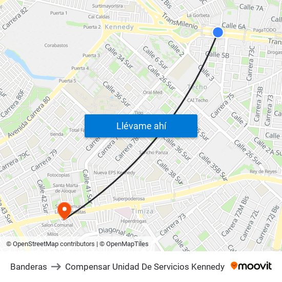 Banderas to Compensar Unidad De Servicios Kennedy map