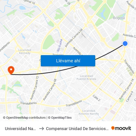 Universidad Nacional to Compensar Unidad De Servicios Kennedy map