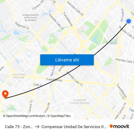 Calle 75 - Zona M to Compensar Unidad De Servicios Kennedy map