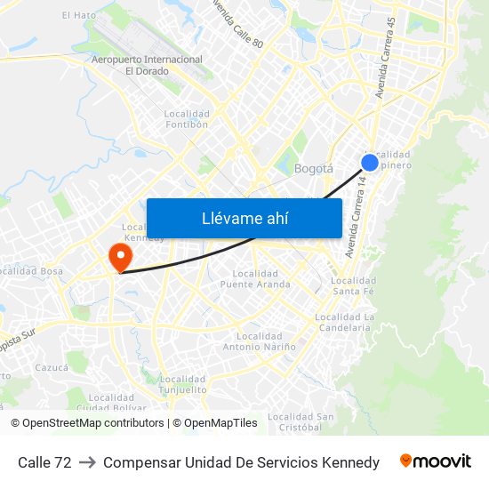 Calle 72 to Compensar Unidad De Servicios Kennedy map