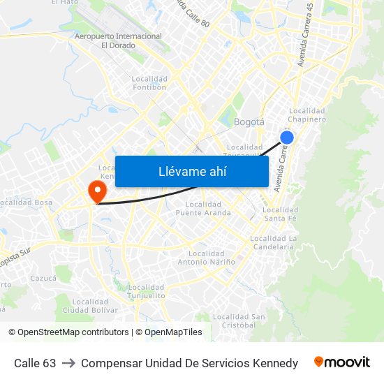 Calle 63 to Compensar Unidad De Servicios Kennedy map