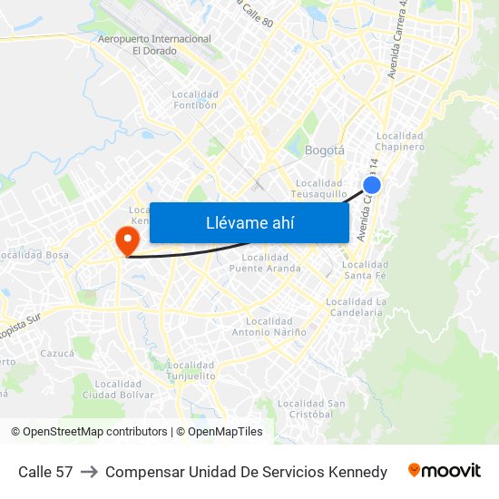 Calle 57 to Compensar Unidad De Servicios Kennedy map