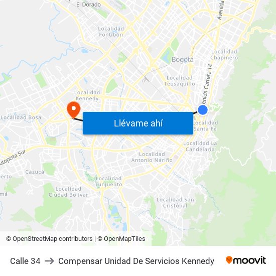 Calle 34 to Compensar Unidad De Servicios Kennedy map