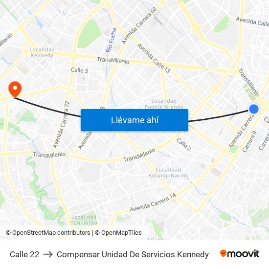 Calle 22 to Compensar Unidad De Servicios Kennedy map