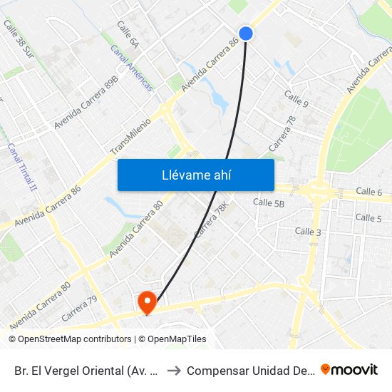 Br. El Vergel Oriental (Av. C. De Cali - Cl 10b) (A) to Compensar Unidad De Servicios Kennedy map