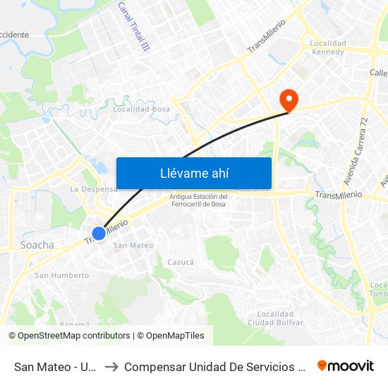 San Mateo - Unisur to Compensar Unidad De Servicios Kennedy map