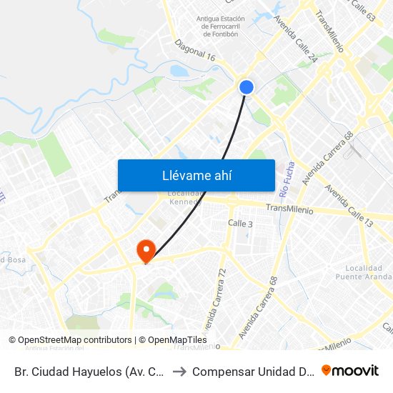 Br. Ciudad Hayuelos (Av. Centenario - Av. C. De Cali) to Compensar Unidad De Servicios Kennedy map