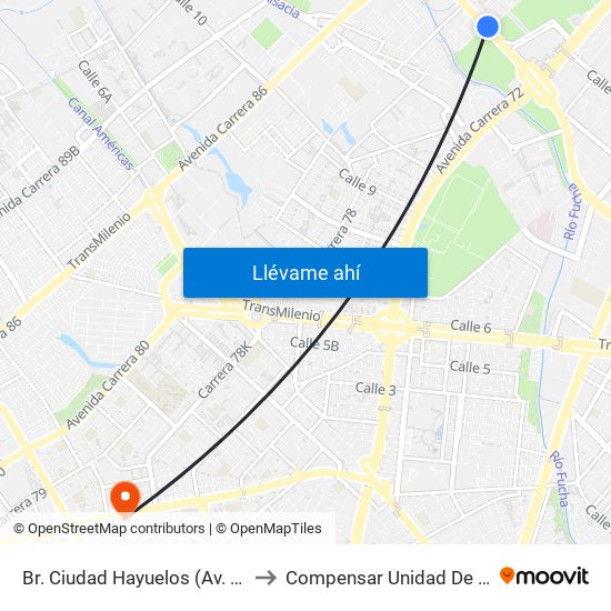 Br. Ciudad Hayuelos (Av. Centenario - Kr 78g) to Compensar Unidad De Servicios Kennedy map