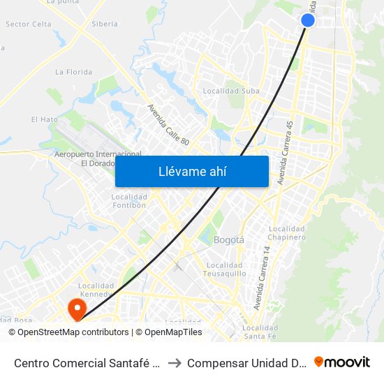 Centro Comercial Santafé (Auto Norte - Cl 187) (B) to Compensar Unidad De Servicios Kennedy map