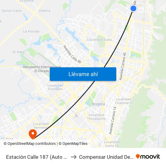 Estación Calle 187 (Auto Norte - Cl 187 Bis) (A) to Compensar Unidad De Servicios Kennedy map