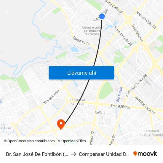 Br. San José De Fontibón (Kr 100 - Av. Esperanza) to Compensar Unidad De Servicios Kennedy map