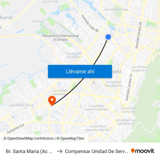 Br. Santa María (Ac 80 - Kr 73b) to Compensar Unidad De Servicios Kennedy map