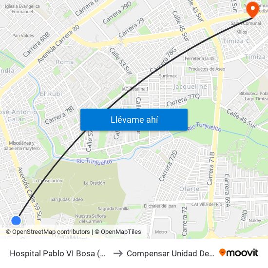 Hospital Pablo VI Bosa (Cl 63 Sur - Kr 77g) (A) to Compensar Unidad De Servicios Kennedy map