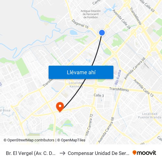 Br. El Vergel (Av. C. De Cali - Cl 18) to Compensar Unidad De Servicios Kennedy map