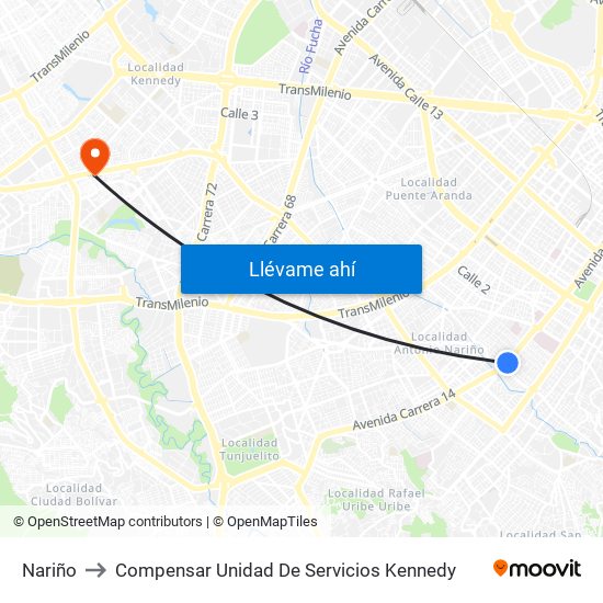 Nariño to Compensar Unidad De Servicios Kennedy map