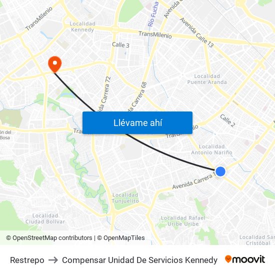 Restrepo to Compensar Unidad De Servicios Kennedy map