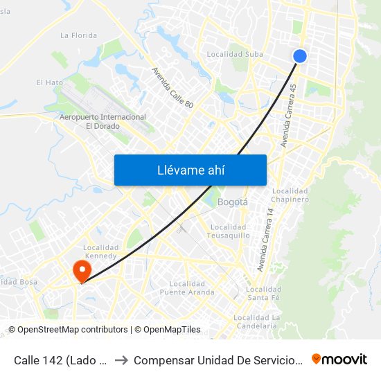 Calle 142 (Lado Norte) to Compensar Unidad De Servicios Kennedy map