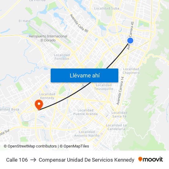 Calle 106 to Compensar Unidad De Servicios Kennedy map