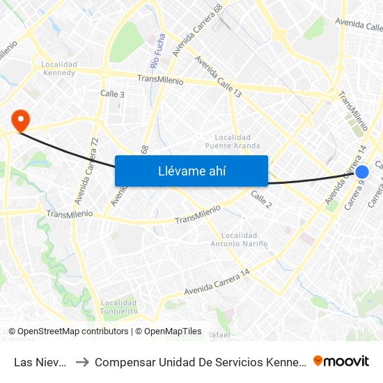 Las Nieves to Compensar Unidad De Servicios Kennedy map