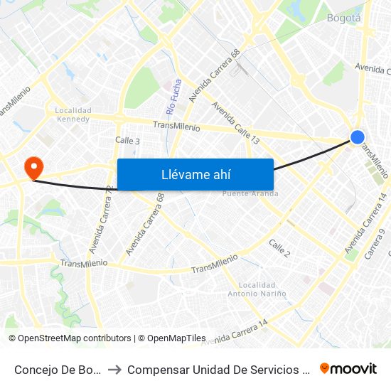 Concejo De Bogotá to Compensar Unidad De Servicios Kennedy map