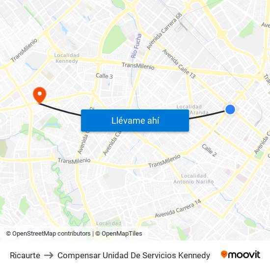 Ricaurte to Compensar Unidad De Servicios Kennedy map