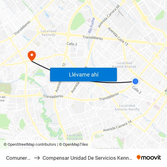 Comuneros to Compensar Unidad De Servicios Kennedy map