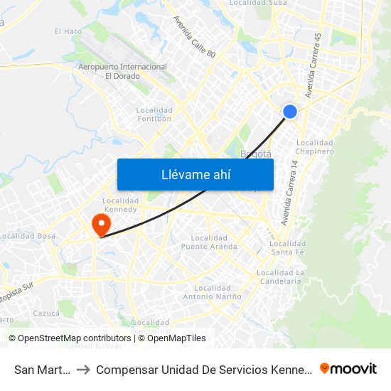 San Martín to Compensar Unidad De Servicios Kennedy map